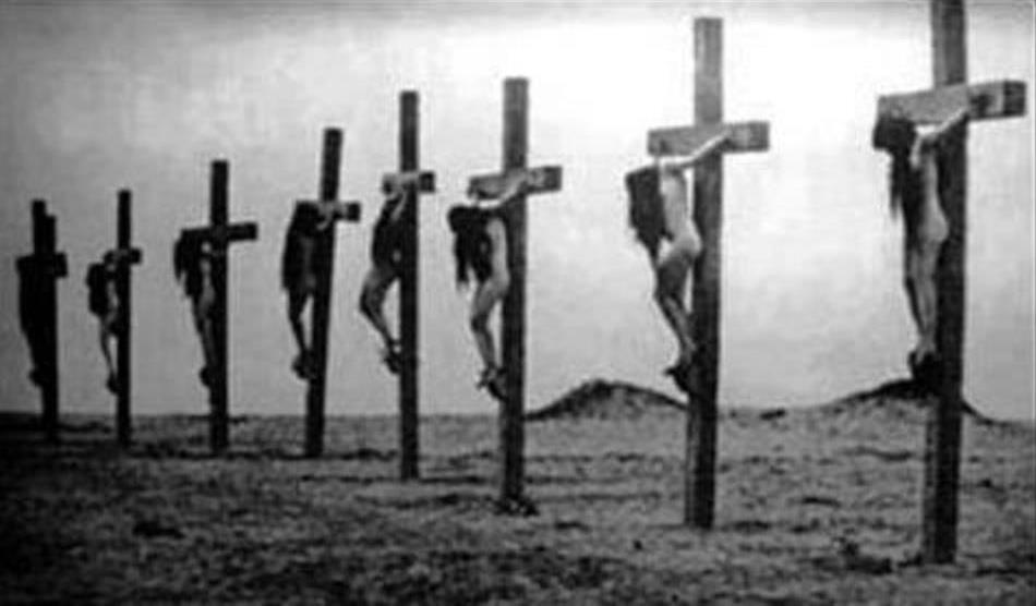 A still frame from the 1919 documentary film Auction of Souls, which portrayed eye witnessed events from the Armenian Genocide, including stripped naked and crucified Christian girls. Source- https://www.raymondibrahim.com
