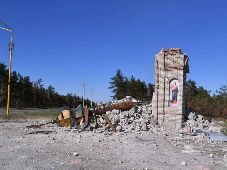 A destroyed Chapel of the Ukrainian Orthodox Church in the city of Severodonetsk 9Luhansk Oblast of Ukraine).