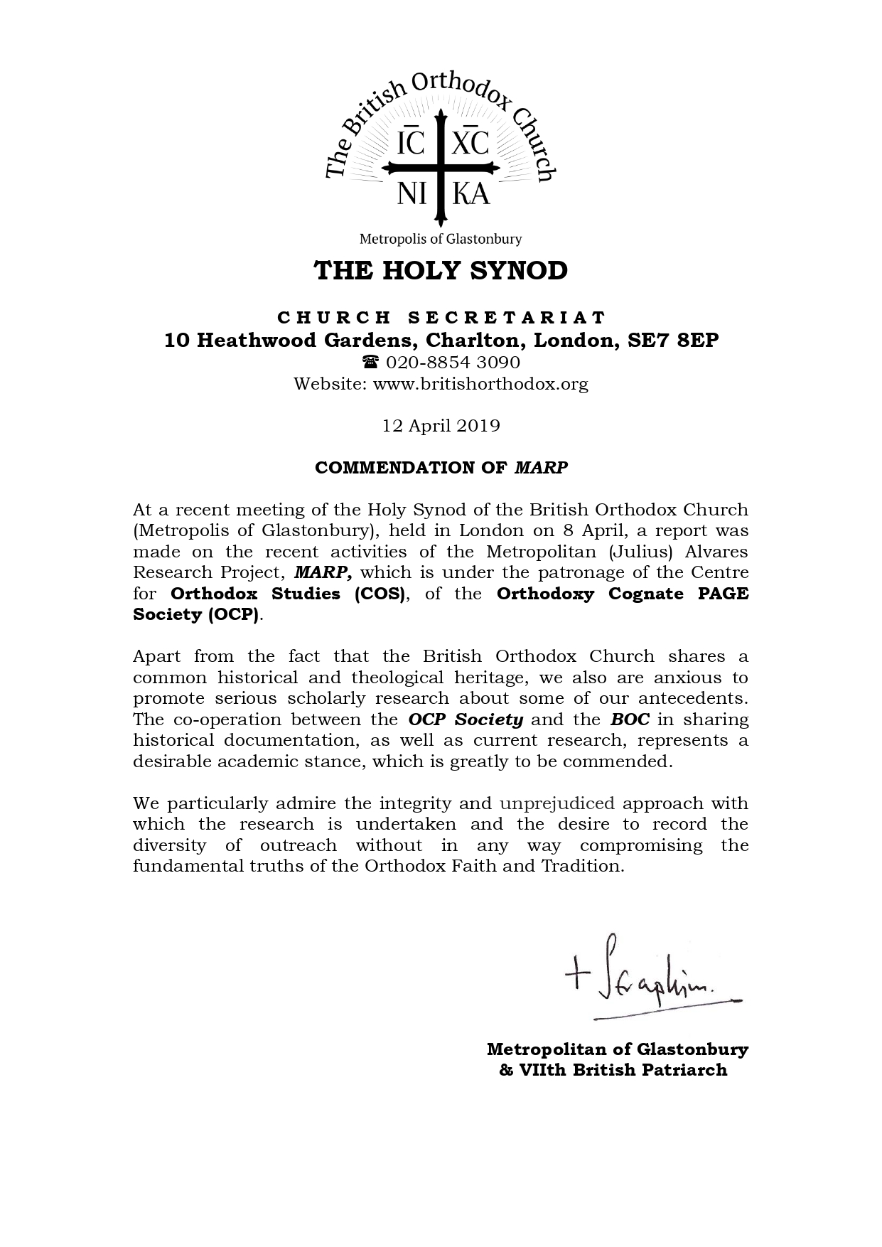 Commendation from His Beatitude Abba Seraphim – VIIth British Patriarch & Metropolitan of Glastonbury