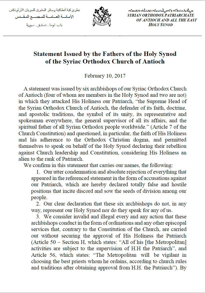 Statement Issued by the Fathers of the Holy Synod of the Syriac Orthodox Church of Antioch