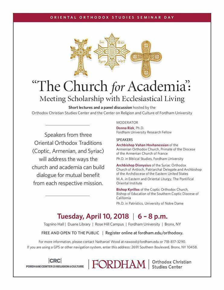 Oriental Orthodox Studies Seminar at Fordham University  – 10th April, 2018