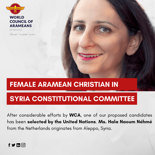 Female Aramean Christian in Syria Constitutional Committee – one of the five proposed WCA candidates has been selected by the UN