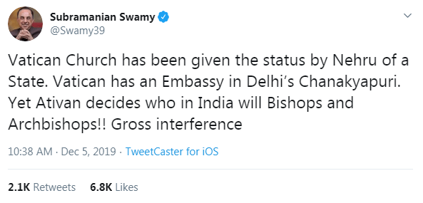 Subramanian Swamy Slams Vatican For Gross Interference 