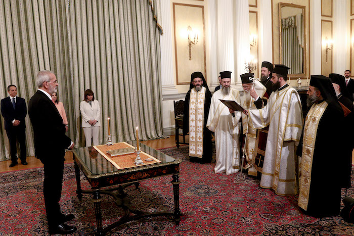 Ioannis Sarmas Sworn in as Interim Prime Minister by Archbishop Ieronymos II of Athens