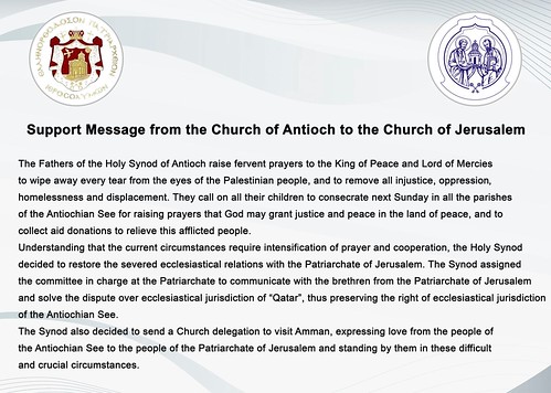 Holy Synod of Antioch Prays for Palestinians and Restores Relations with Patriarchate of Jerusalem